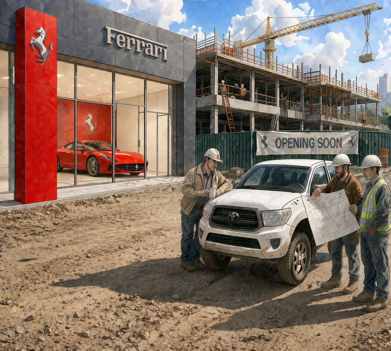 A Toyota work truck outside a Ferrari showroom under construction.